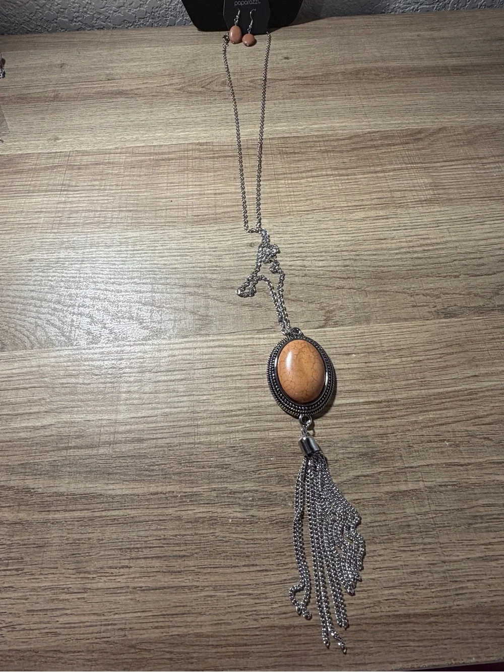 paparazzi Silver-Tone Necklace with Tan Oval Stone and Tassel